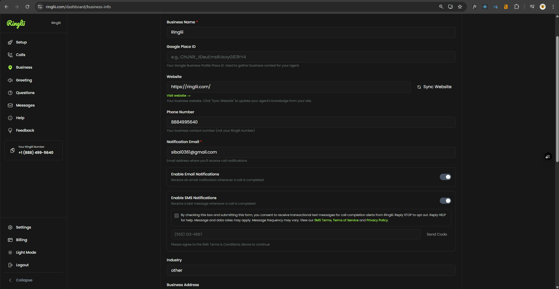 Ringlii SMS opt-in workflow showing consent checkbox and phone verification